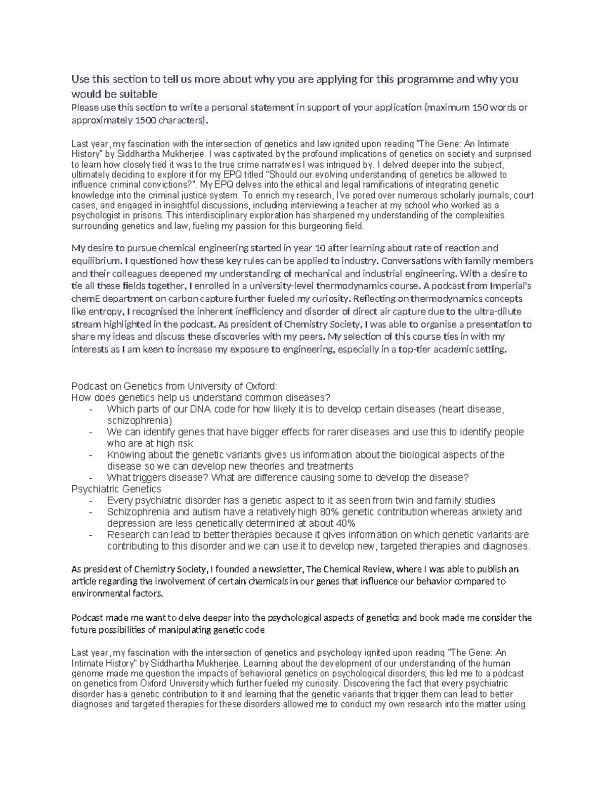 Imperial Application Personal Statement - Genetics & Engineering ...