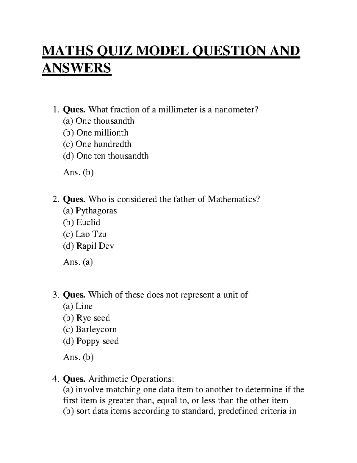 Maths QUIZ Model Questions & Answers for Students - Studocu