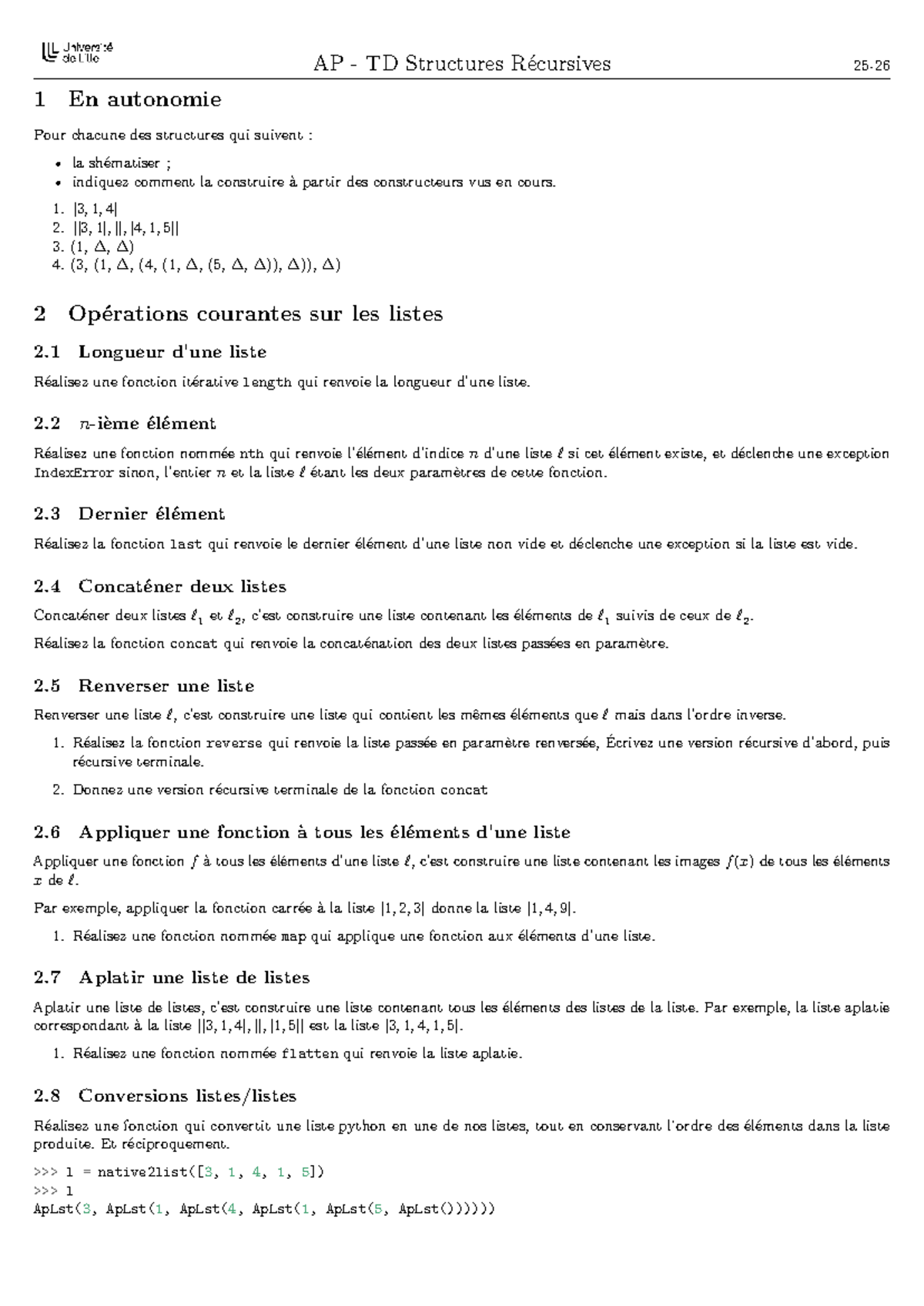 AP TD Structures Récursives : Exercices et Fonctions à Développer - Studocu