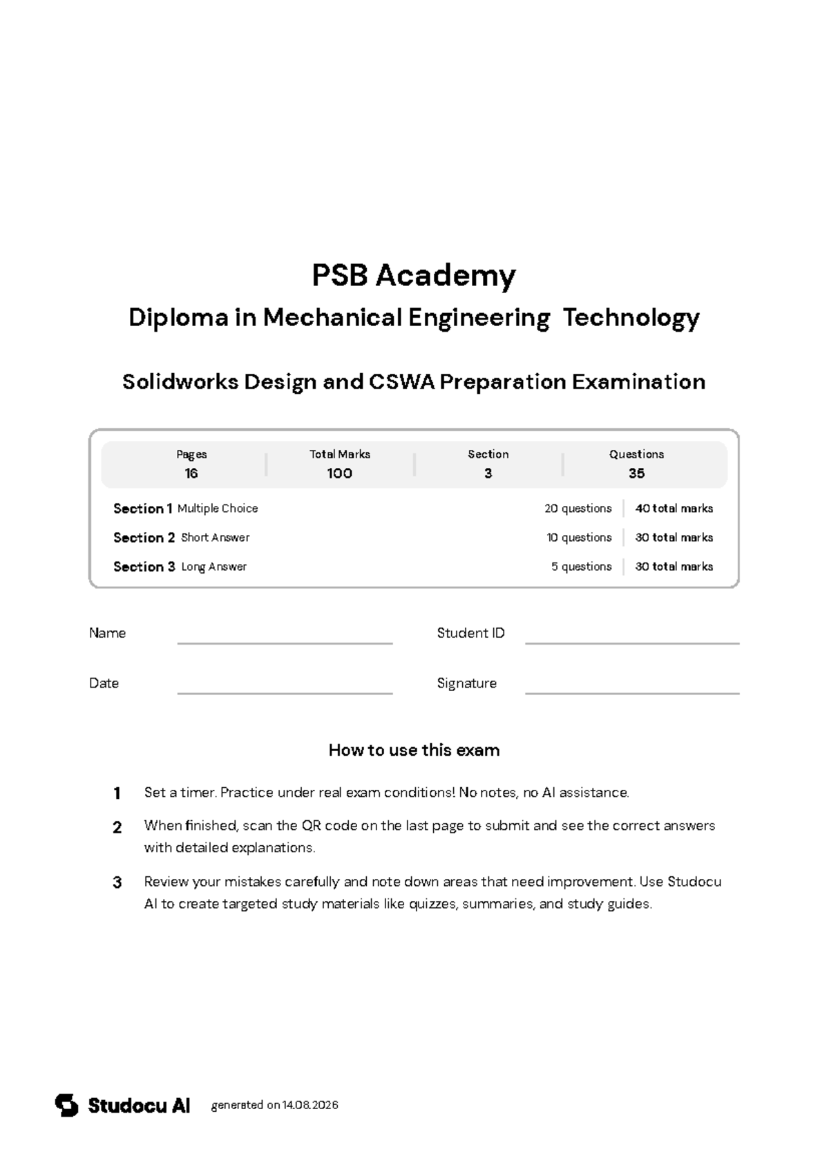 CSWA Preparation Exam for Solidworks Design - Studocu