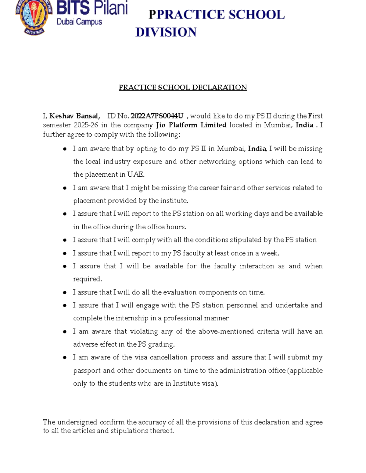 PS II Declaration for Internship at Jio Platform Limited - Studocu