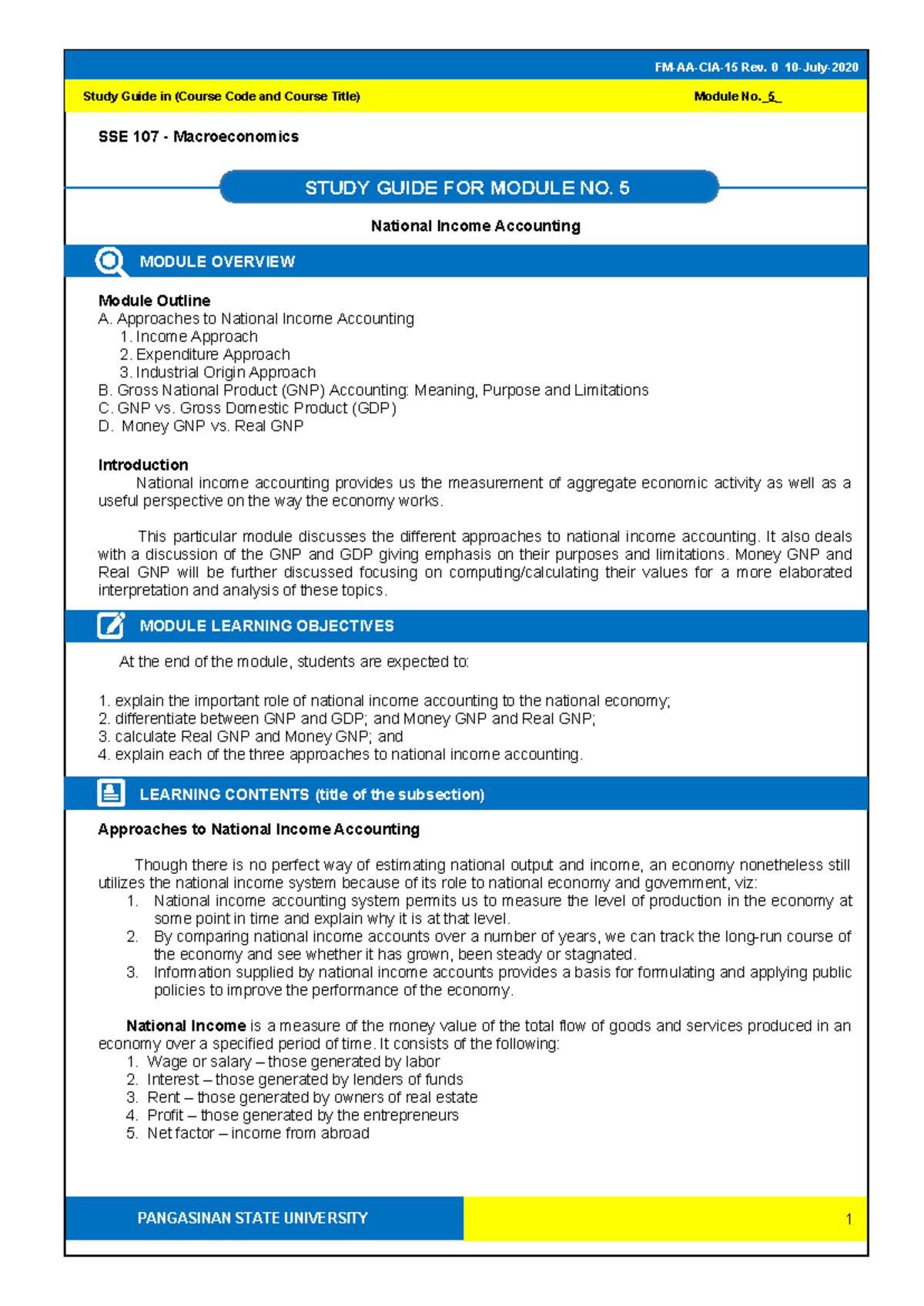 SSE 107 Macroeconomics Study Guide: Module 5 on National Income ...