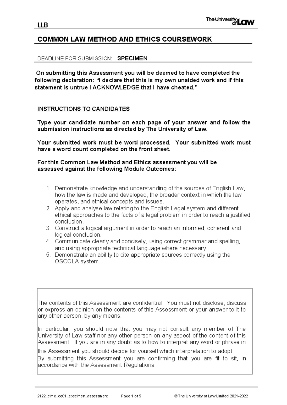 Final Assessment: Common Law Method and Ethics (2122 CLME CE01) - Studocu
