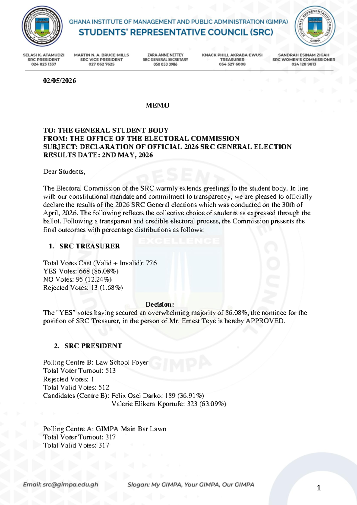 2026 SRC General Election Results Announcement - Studocu