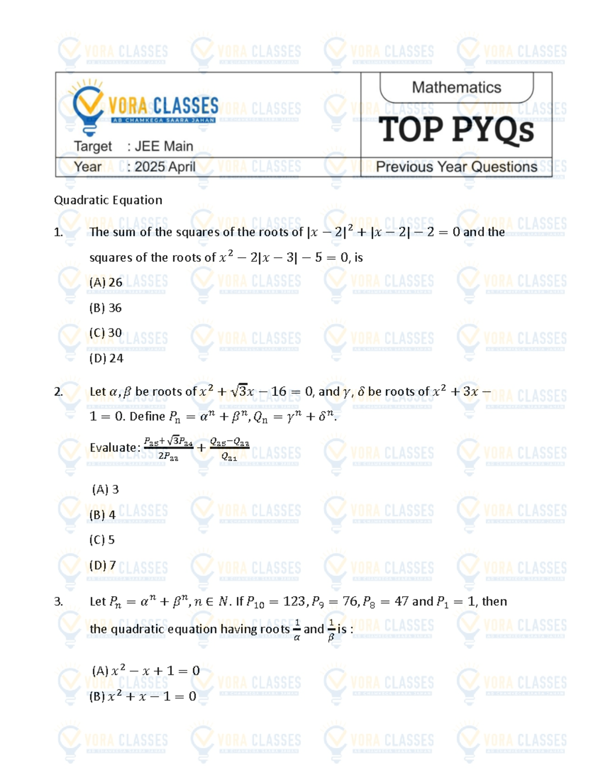 Top 100 PYQs of JEE Main 2025 April: Maths Exam Prep - Studocu