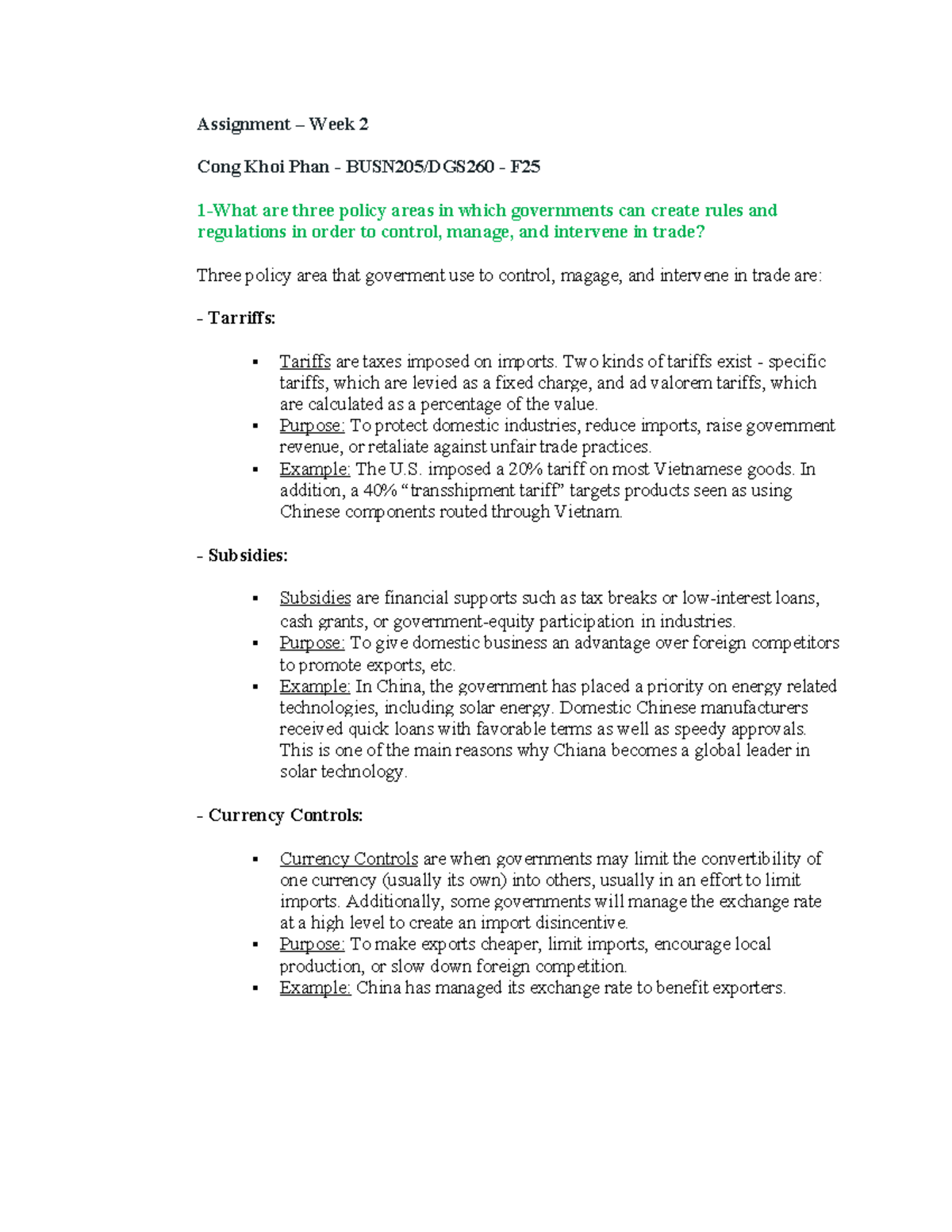 Assignment Week 2: Trade Policy Analysis and Manufacturing Decisions ...