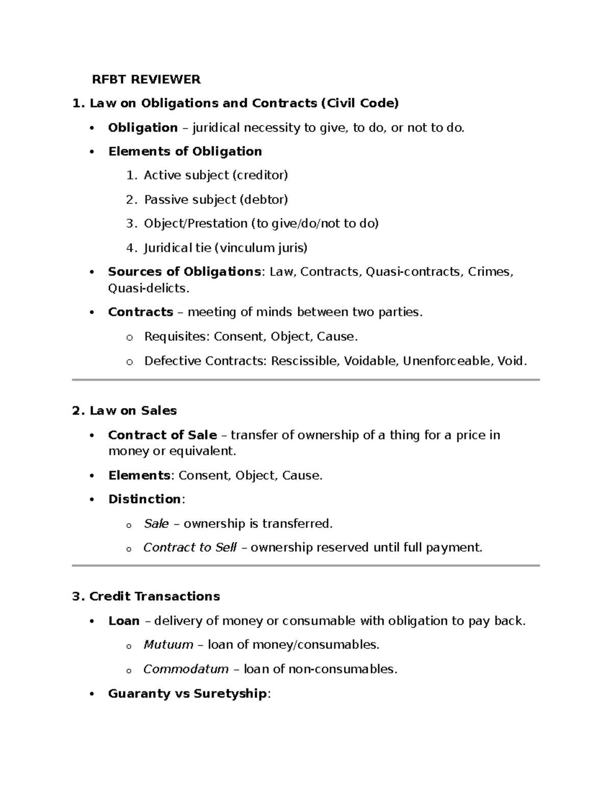 RFBT REVIEWER: Law on Obligations & Contracts Overview - Studocu