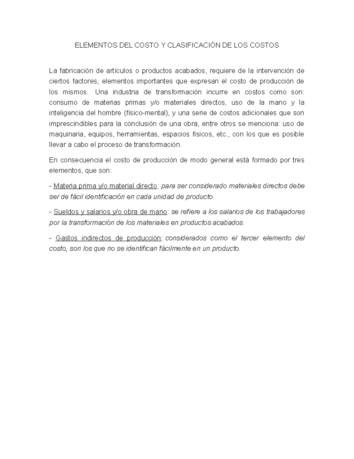 3. Elementos del Costo y Clasificación de Costos en Producción - Studocu