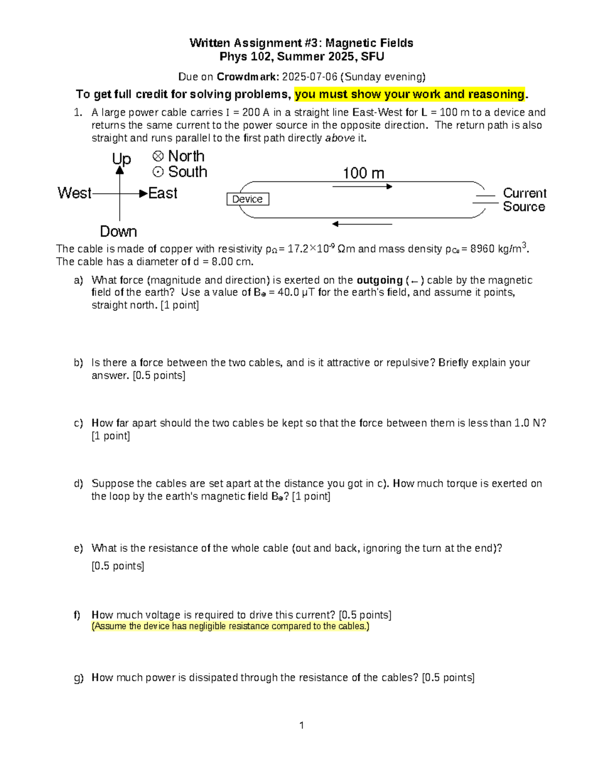 Phys 102 Written HW 3: Magnetic Fields Assignment, Summer 2025 - Studocu