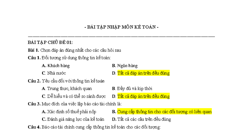 BÀI TẬP NHẬP MÔN KẾ TOÁN - CHỦ ĐỀ 01: Câu Hỏi Trắc Nghiệm - Document Preview