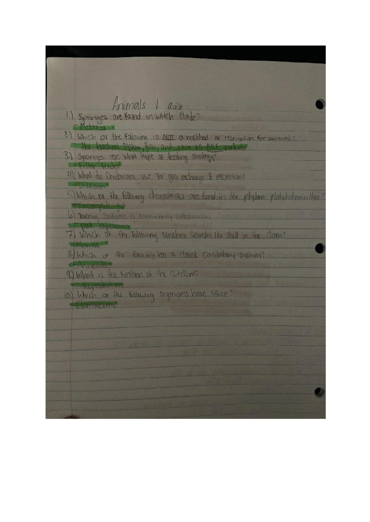 Animal Diversity I Worksheet - BSC1011L Lab Worksheet Animal Diversity ...
