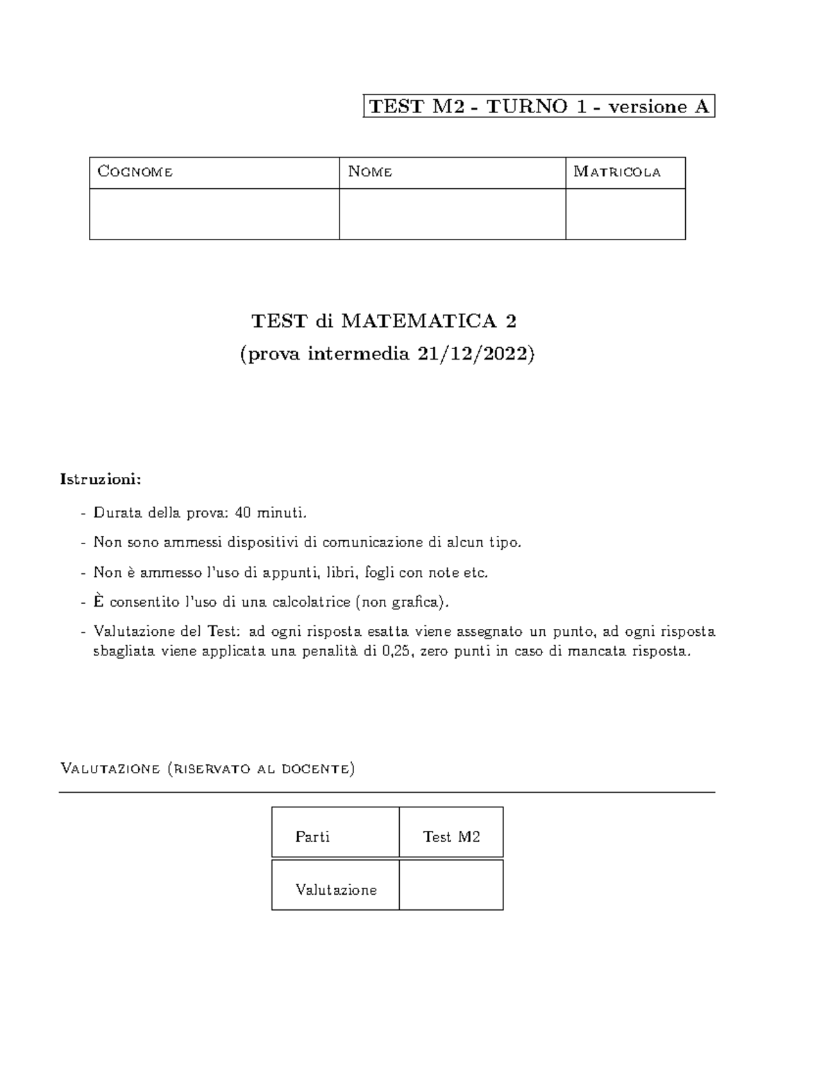 Test matematica 2 dicembre 2022 - TEST M2 - TURNO 1 - versione A ...
