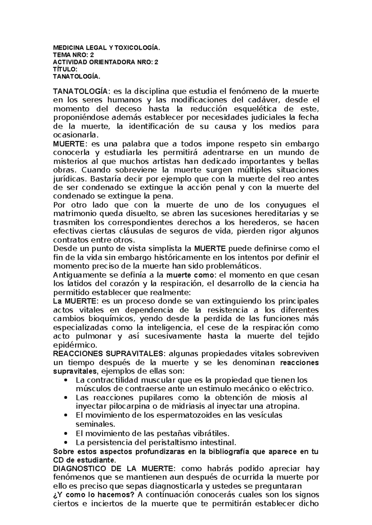 MEDICINA LEGAL Y TOXICOLOGÍA: TANATOLOGÍA Y DIAGNÓSTICO DE MUERTE - Studocu