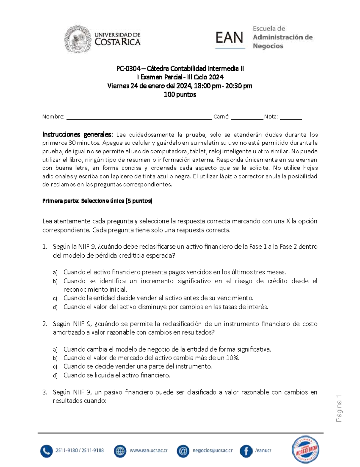 I Parcial Contabilidad Intermedia II - Examen 2024 - Studocu