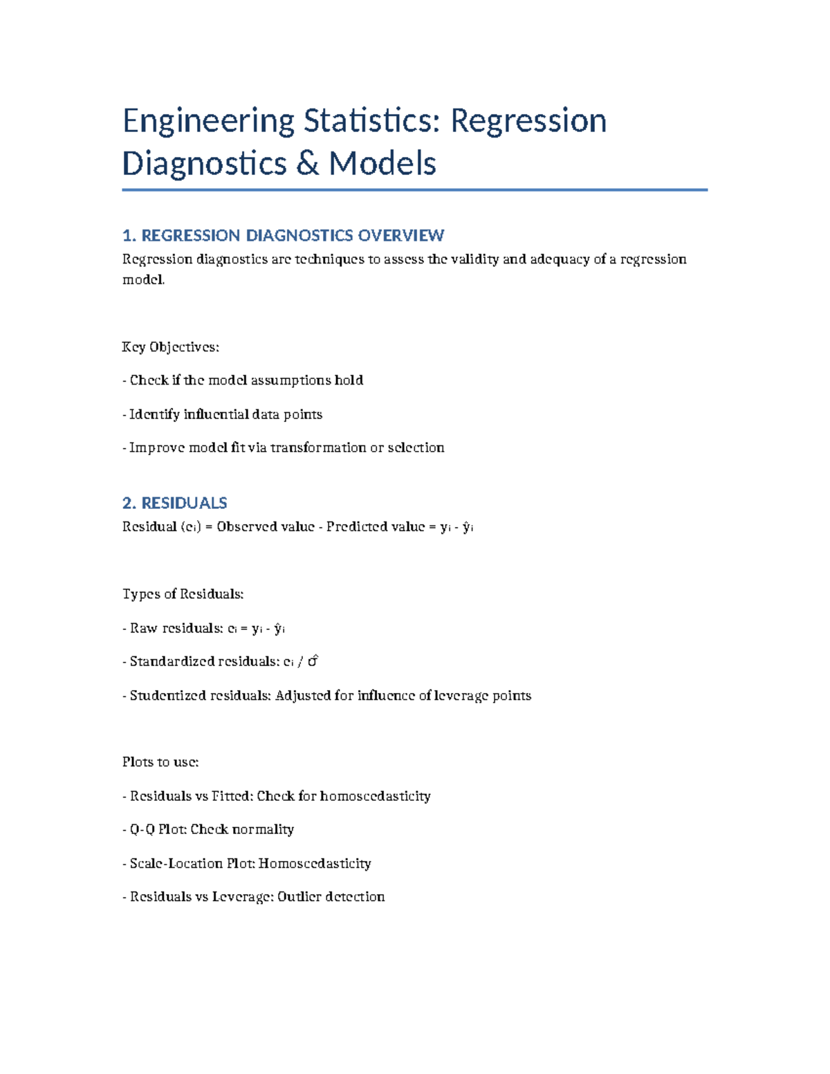 Engineering Statistics: Regression Diagnostics Overview and Techniques ...