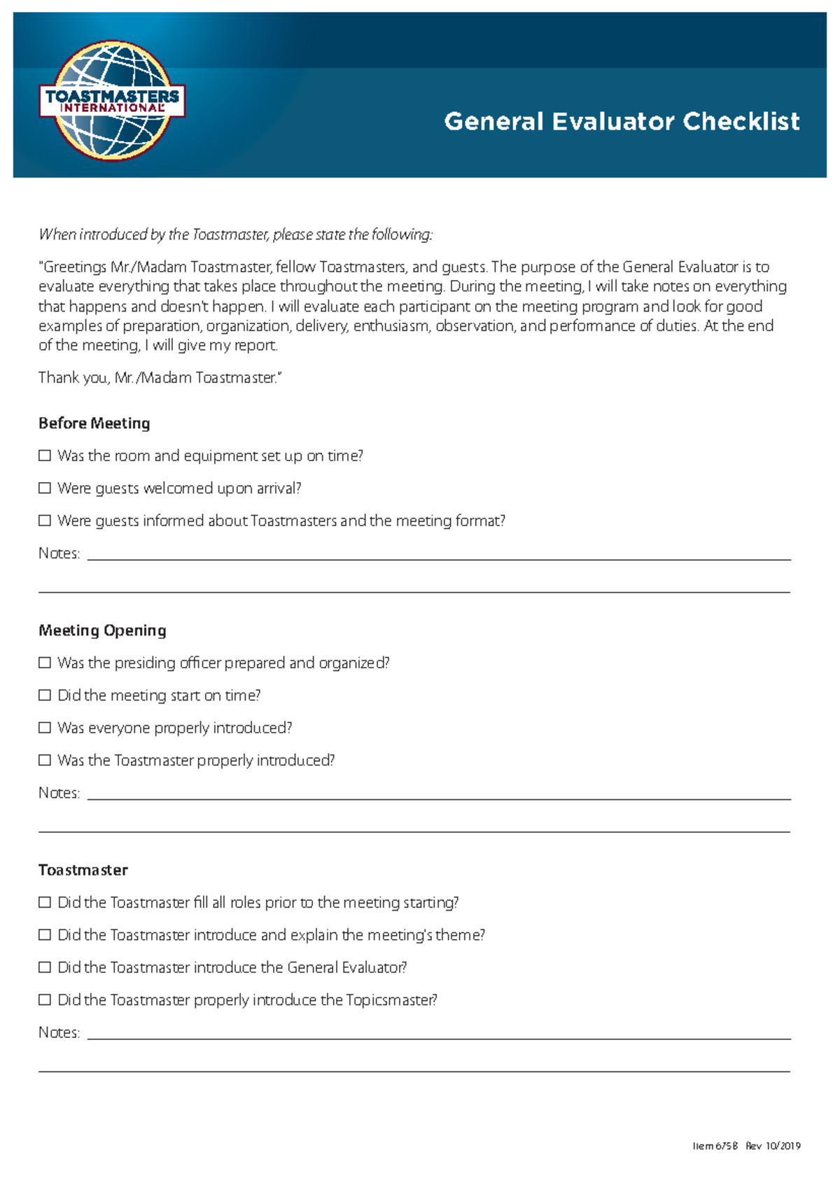Toastmasters 675B general evaluator checklist A4 - When introduced by ...