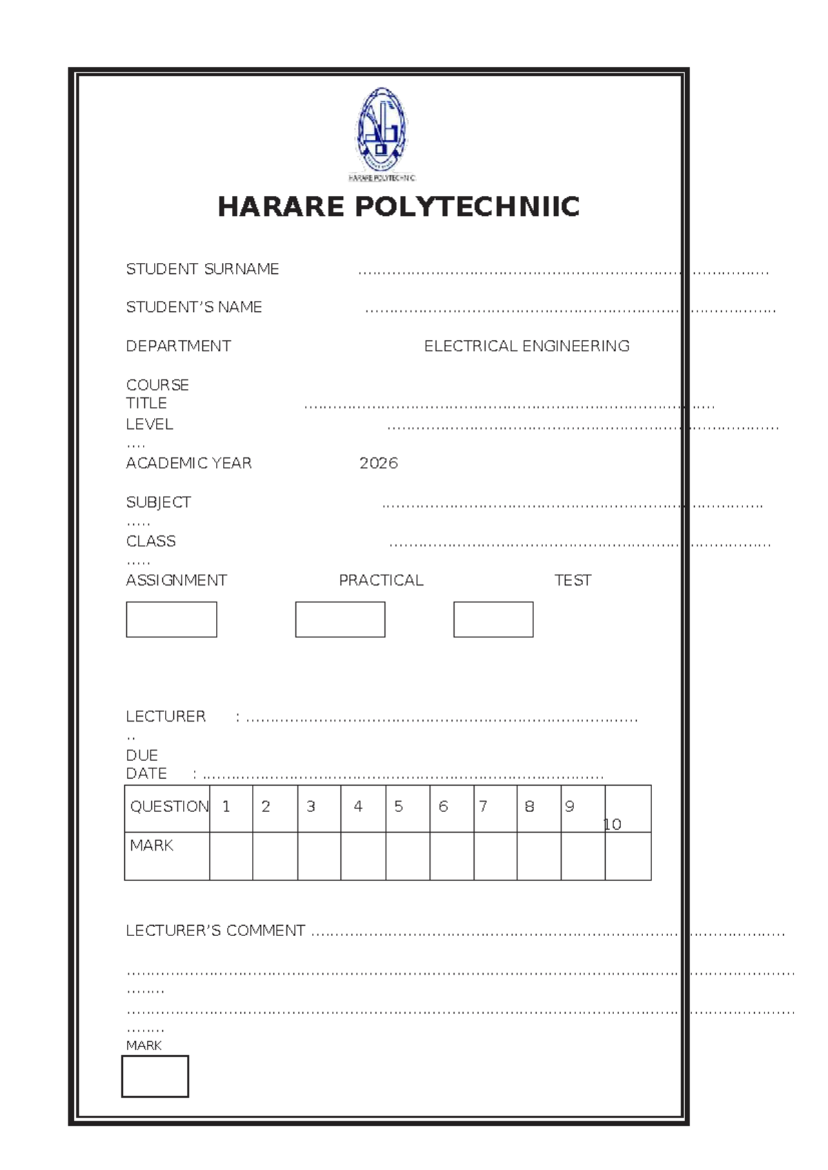 Harare POLY COMP Assignment Cover - HARARE POLYTECHNIIC STUDENT SURNAME ...