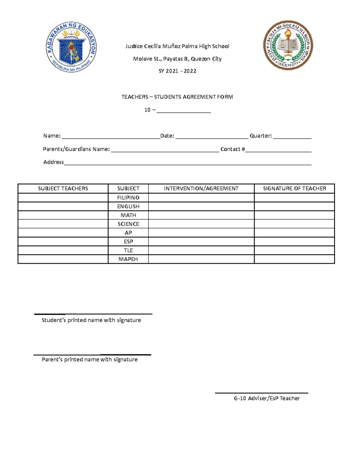 G10 Intervention Agreement & SARDO Attendance Form SY 2021-2022 - Studocu