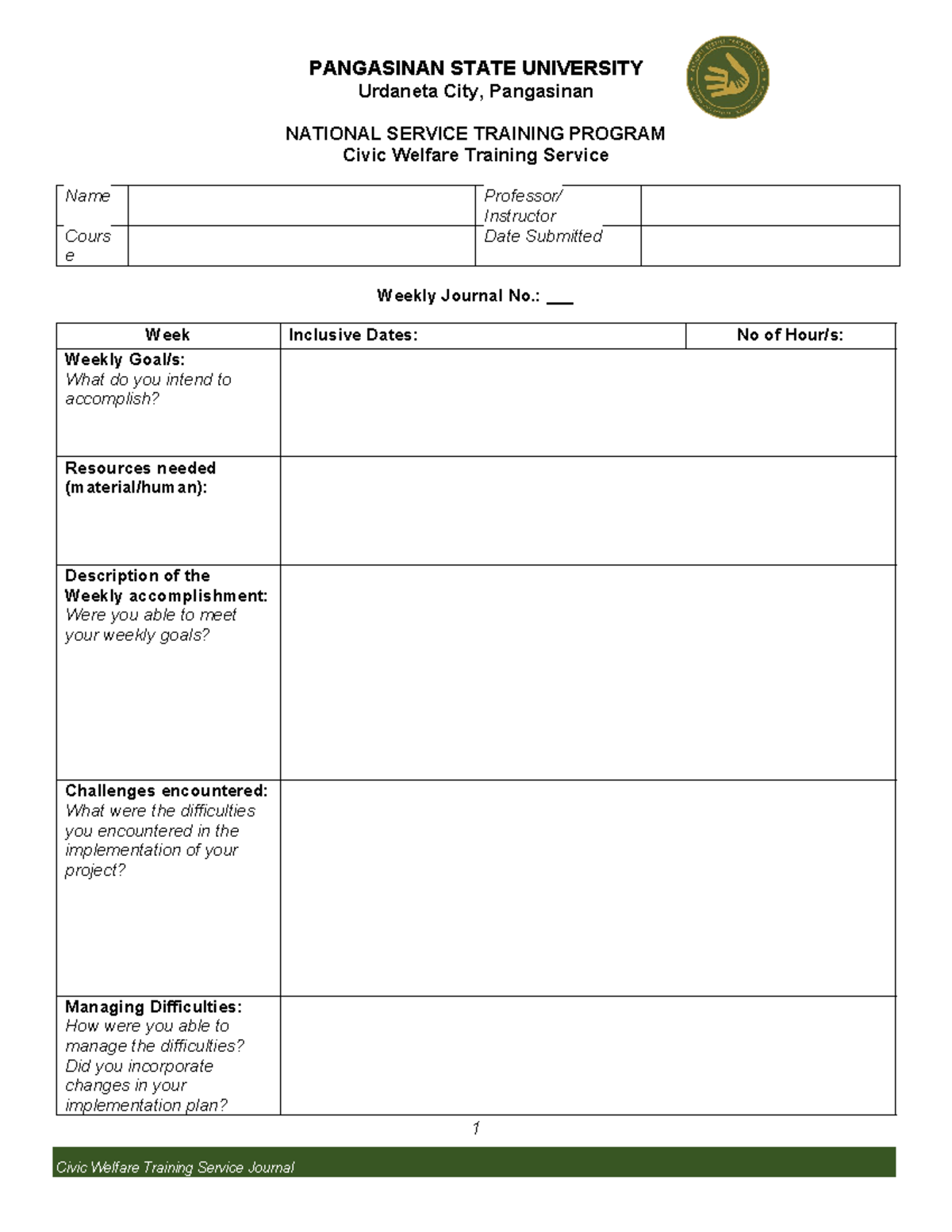 CWTS - Weekly Journal Template for Civic Welfare Training Service - Studocu