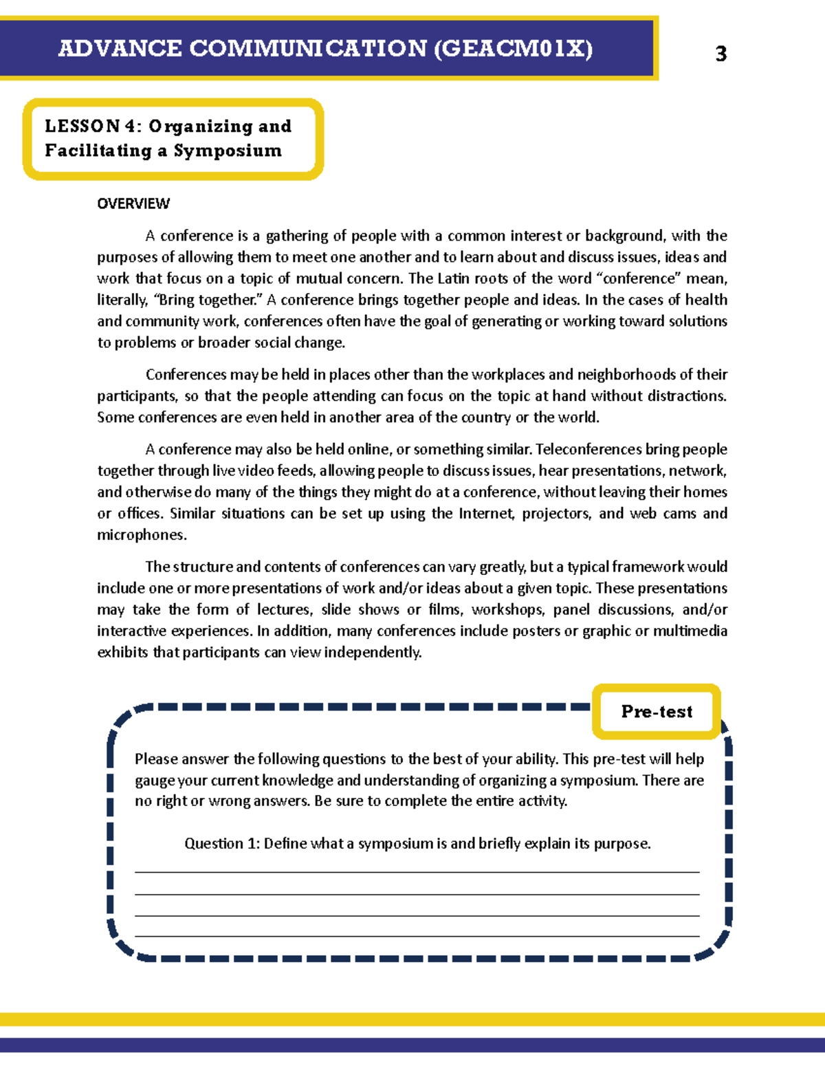ADVANCE COMMUNICATION (GEACM01X) LESSON 4: Organizing a Symposium - Studocu