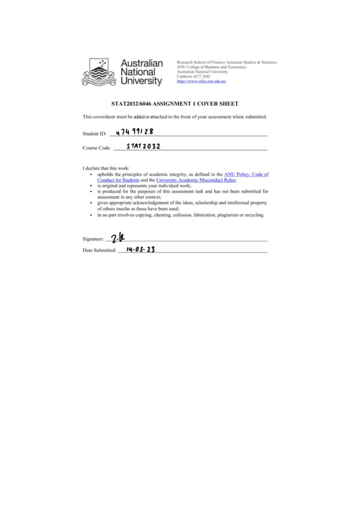 A1 stat2032 - Assignment 1 Solutions - Australian Research School of ...