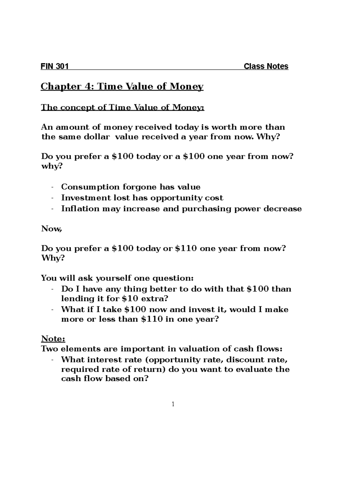 FIN 301 Lecture Notes: Understanding the Time Value of Money - Studocu
