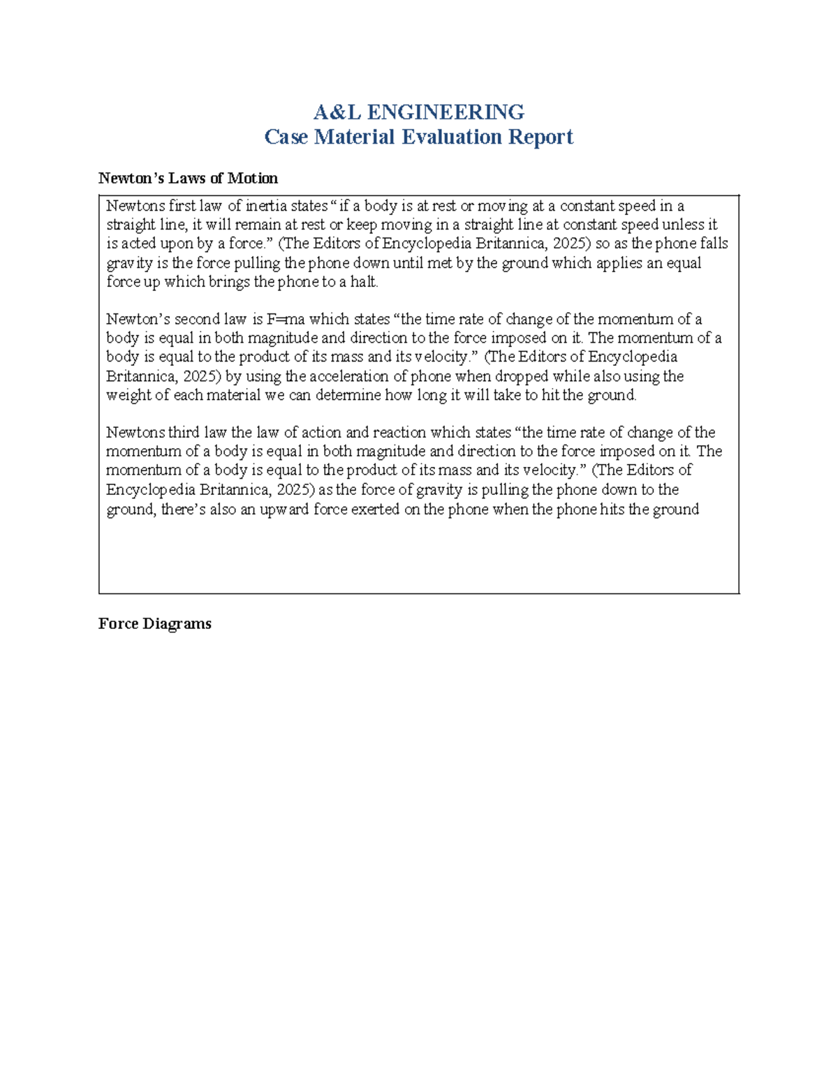 PHY 150 Project Two Case Material Evaluation Report - A&L ENGINEERING ...