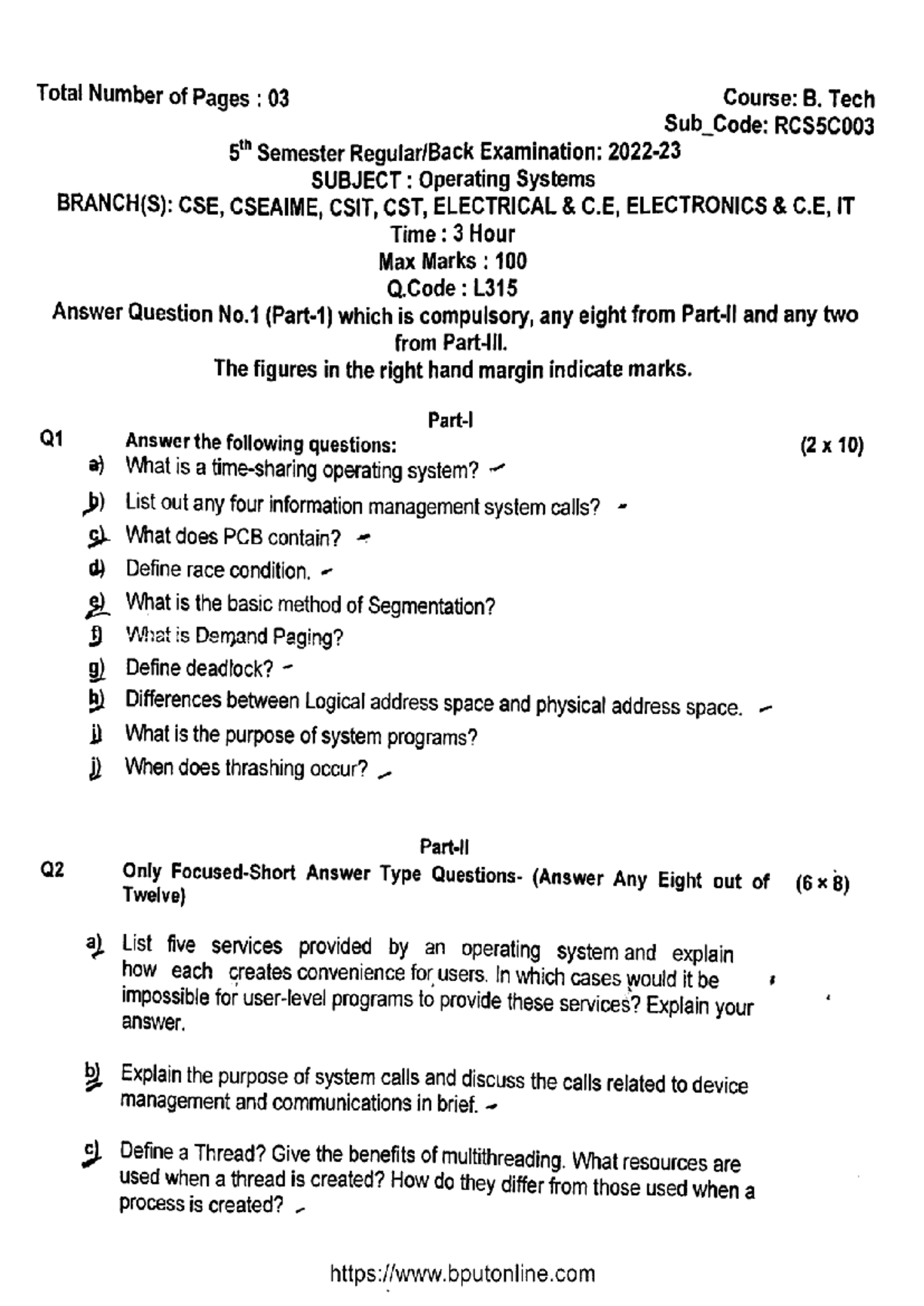 B.Tech CSE CSEAIME CSIT CST ECE IT 5th Sem Operating Systems Exam ...