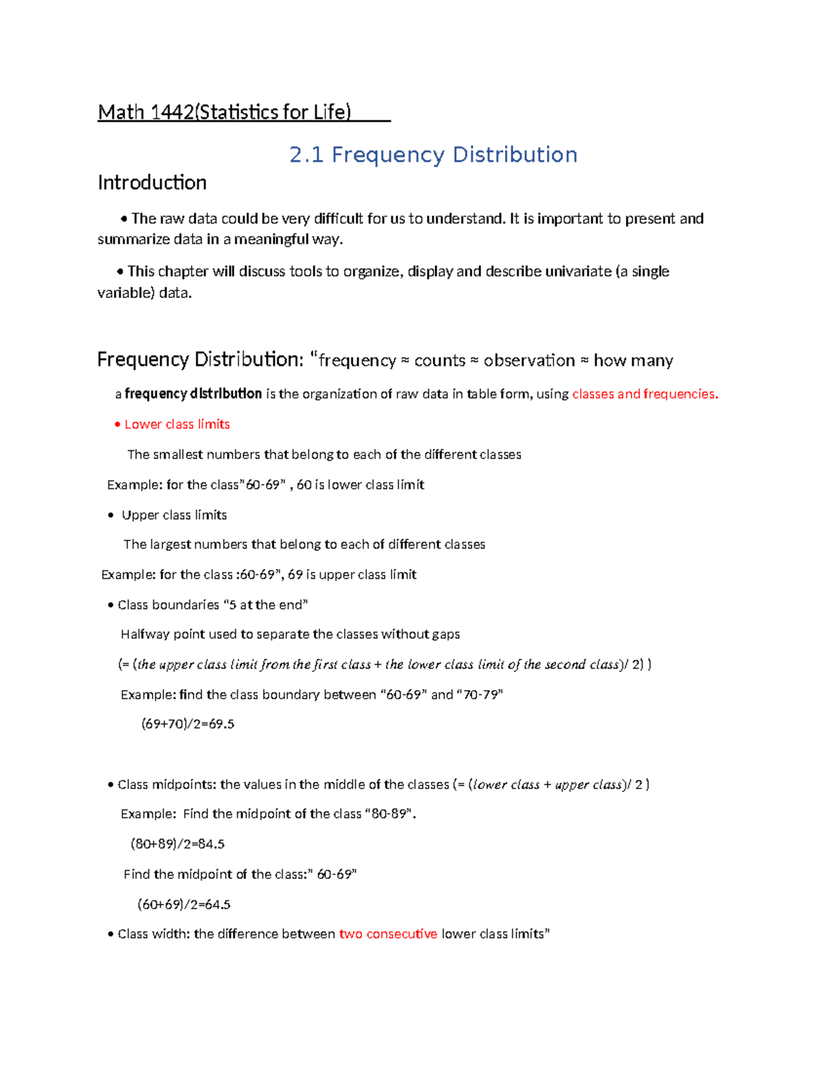 Math 1442: Chapter 2.1 Frequency Distribution Overview and Examples ...