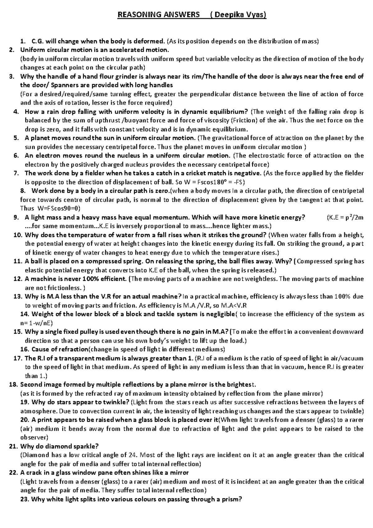 Reasoning Answers for Physics Concepts (Course Code: PHYS101) - Studocu