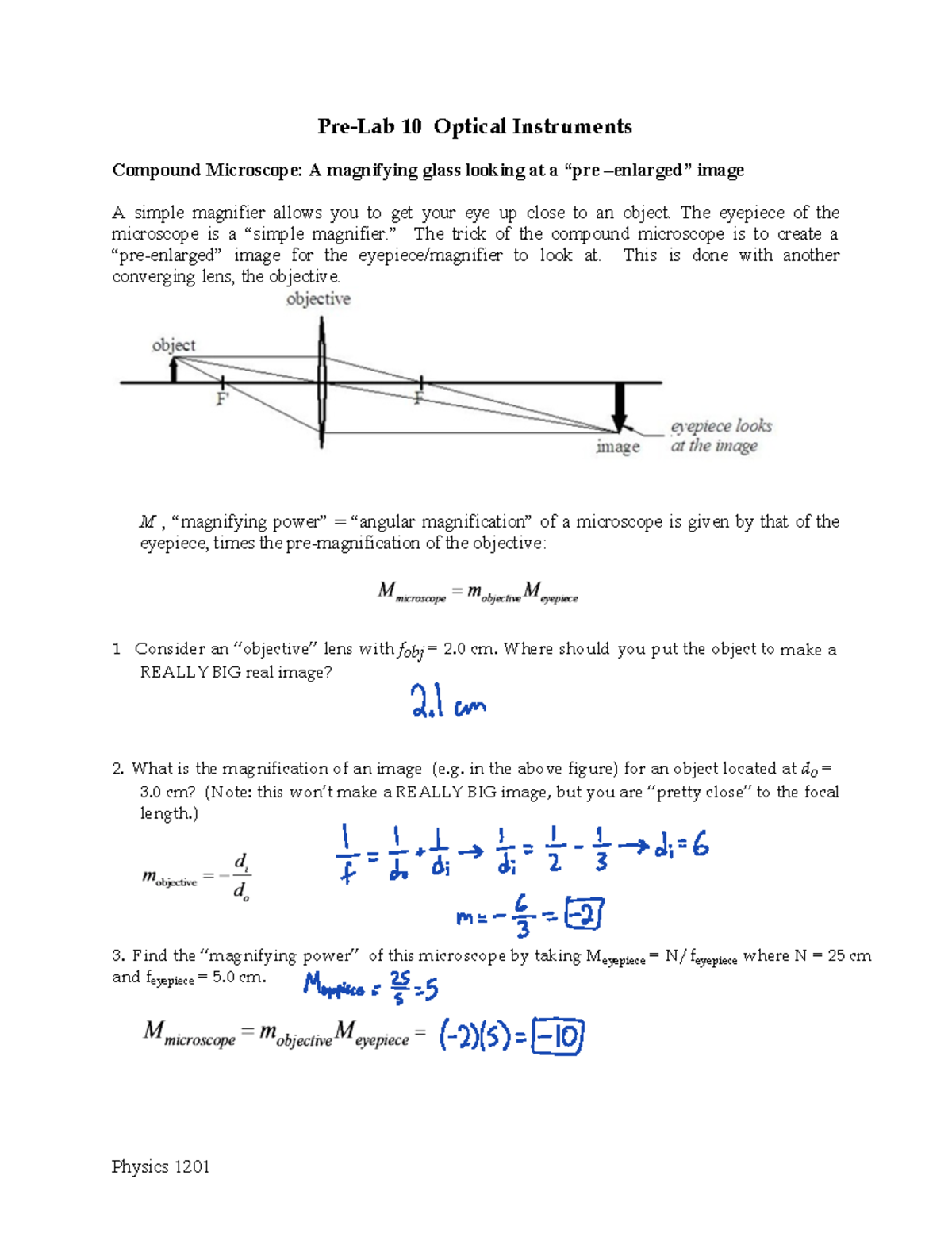 Physics 1201 - Pre-Lab 10: Exploring Optical Instruments and Telescopes ...