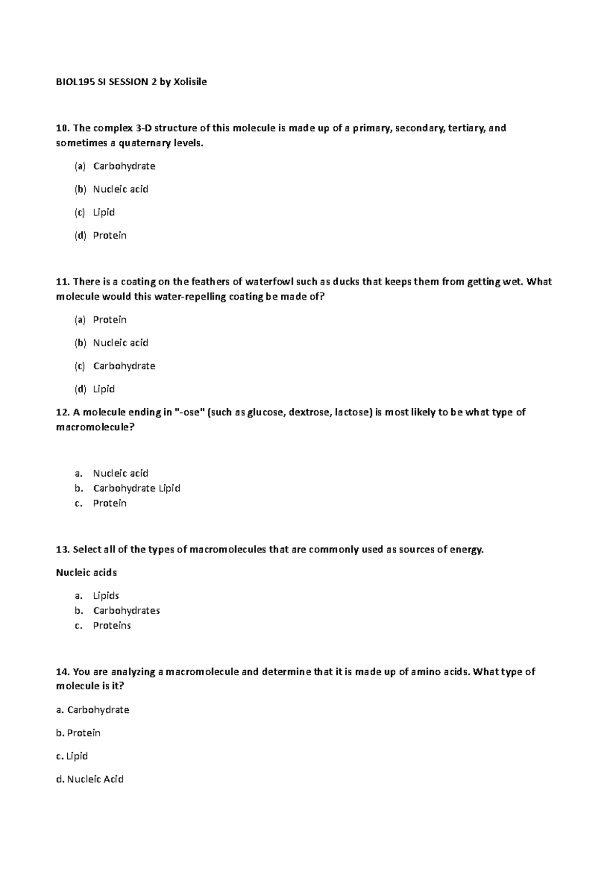 BIOL195 SI Session 2 Study Guide: Macromolecules & Biology Concepts ...
