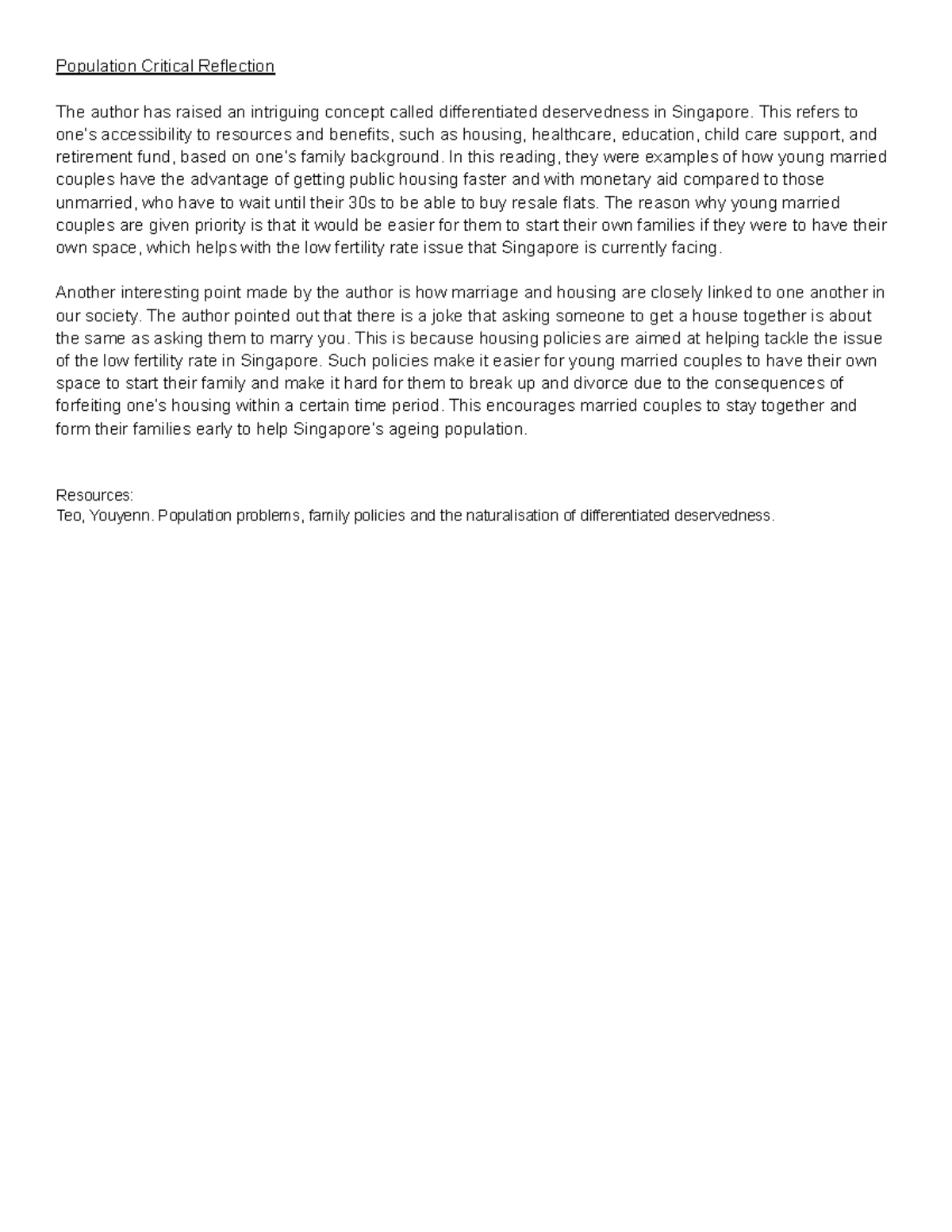 Population critical reflection (GESS1025) - Population Critical ...