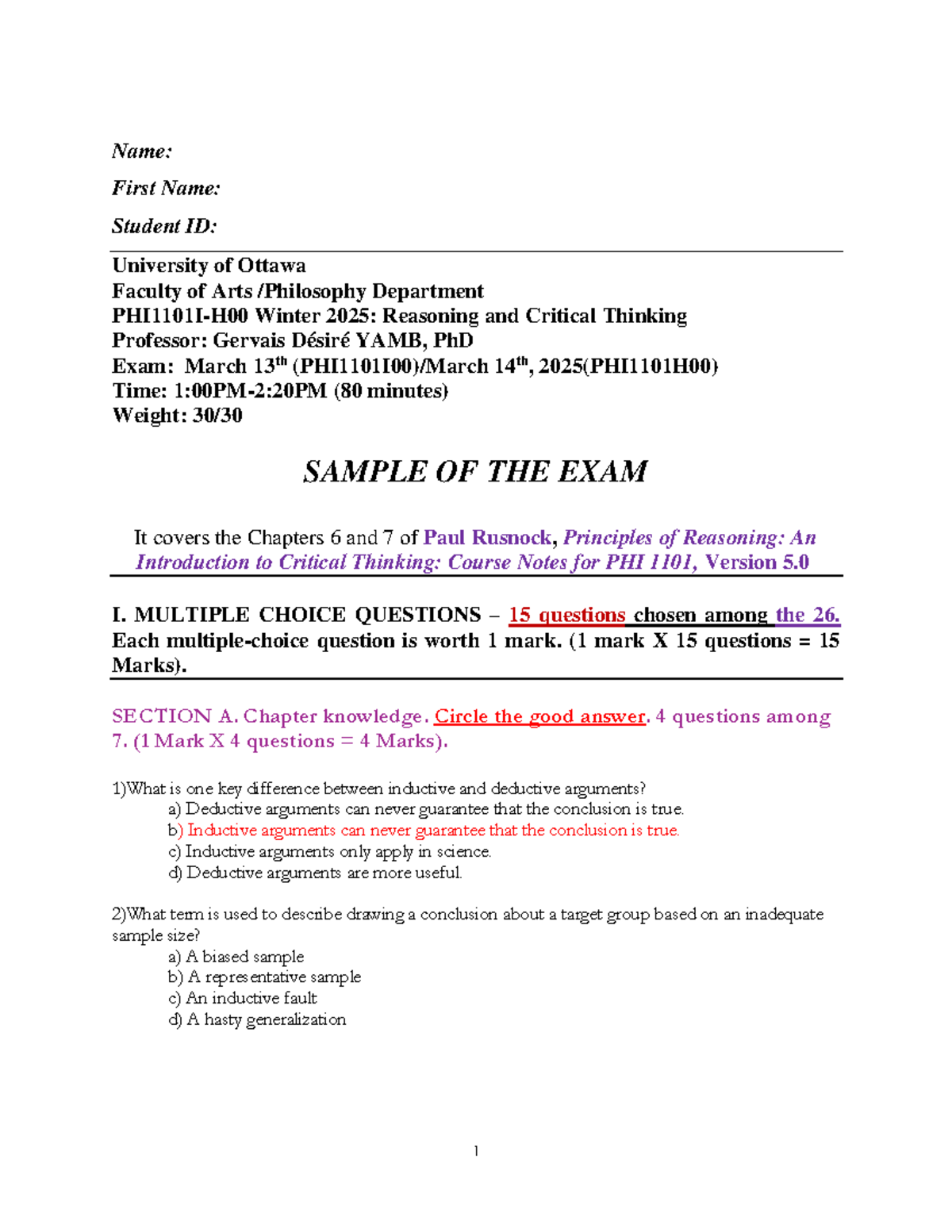 PHI1101 I00 & H00 Winter 2025: Exam 2 Sample Questions and Answers ...