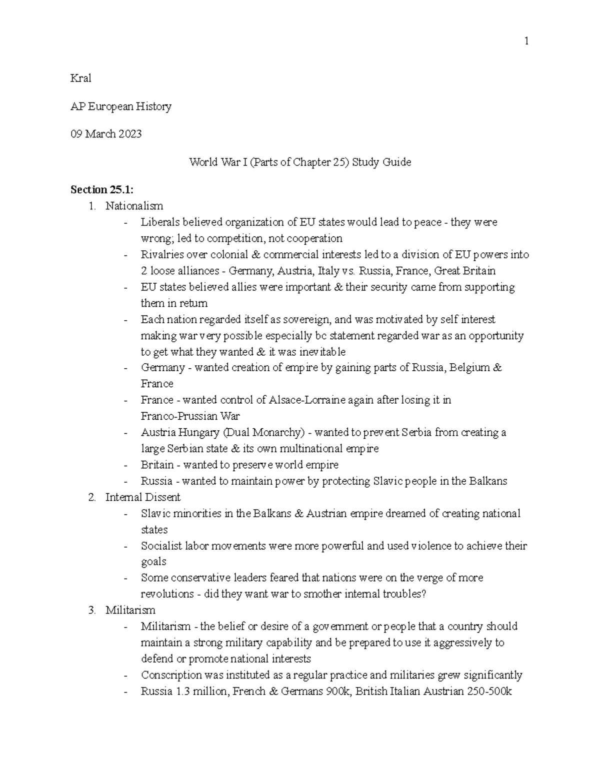 AP European History: World War I Chapter 25 Study Guide - Studocu