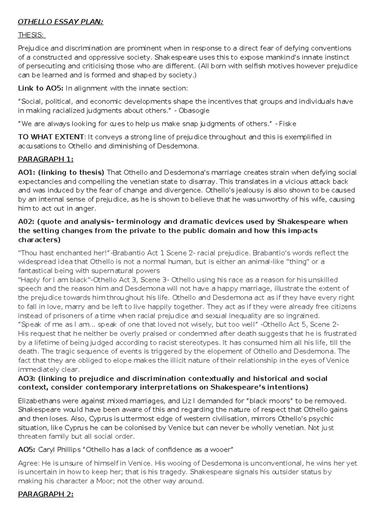 Othello Essay Plan: Exploring Prejudice and Jealousy in Shakespeare's ...