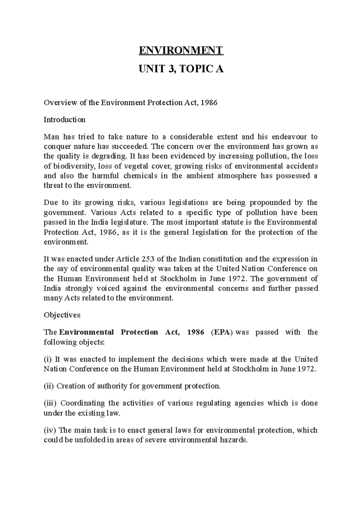Environment Unit 3: Overview of the Environmental Protection Act, 1986 ...