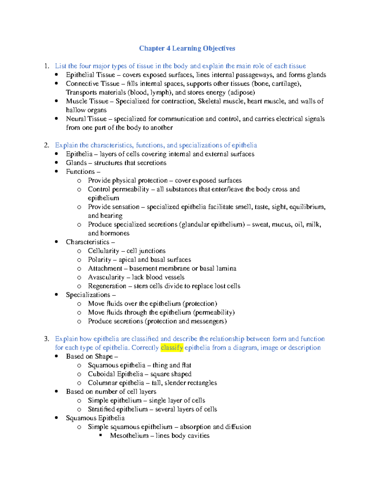 Chapter 4 Learning Objectives: Exploring Tissue Types and Functions ...