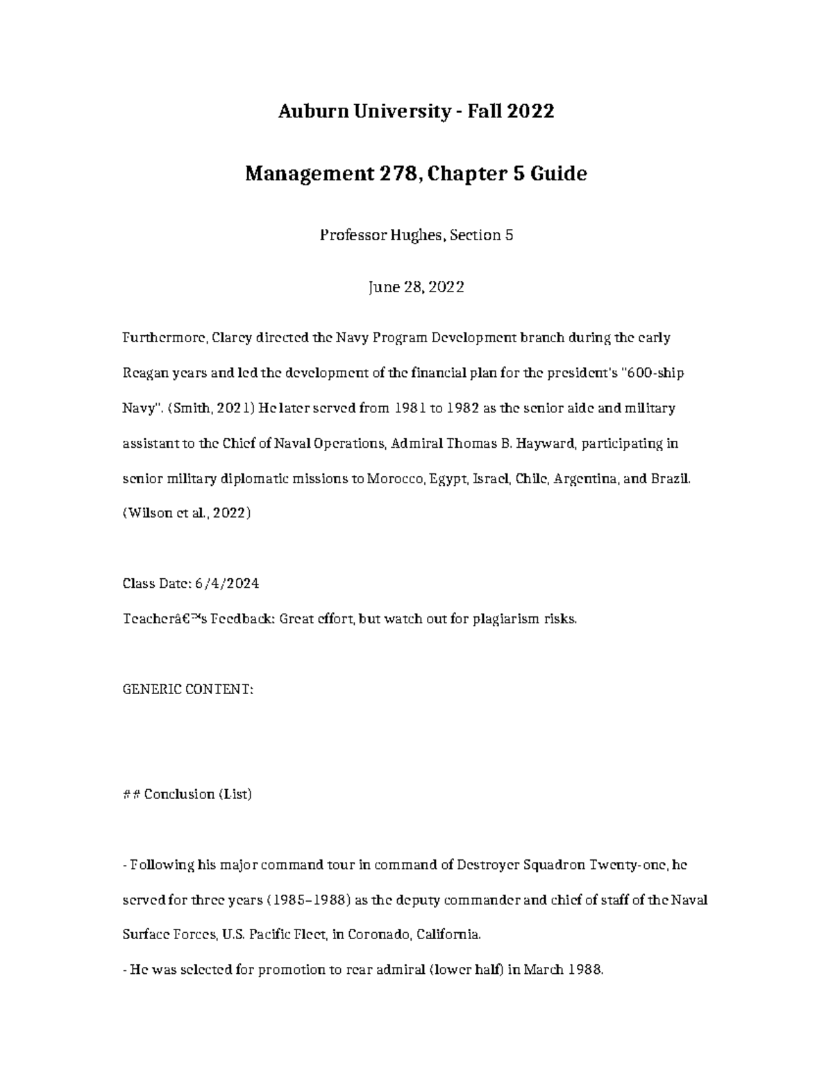 Management 278 Chapter 5 Guide - Auburn University - Fall 2022 ...