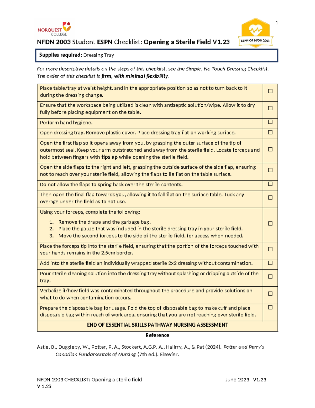 NFDN 2003 Checklist: Steps for Opening a Sterile Field V1.23 - Studocu