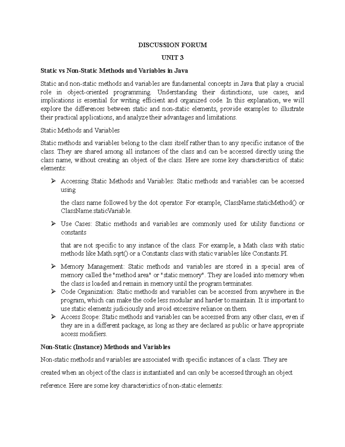Discussion Forum Unit 3: Static vs Non-Static Elements in Java - Studocu