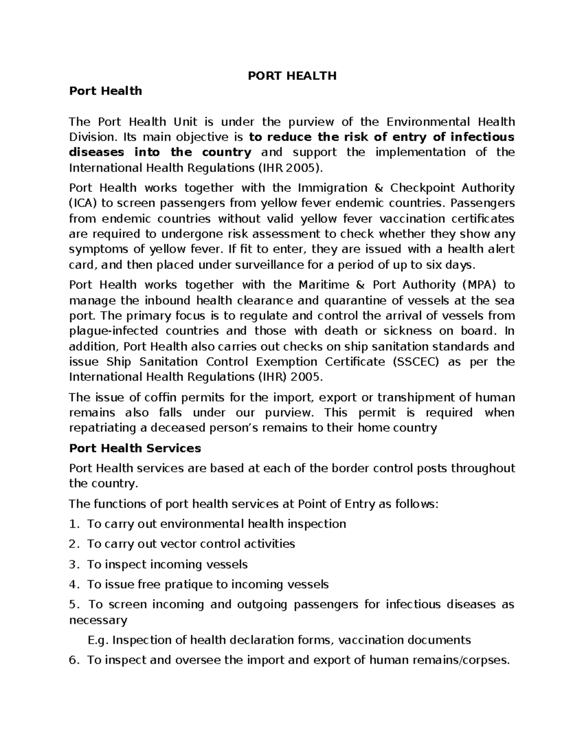 PORT HEALTH Unit Overview: Key Functions & Services for IHR Compliance ...