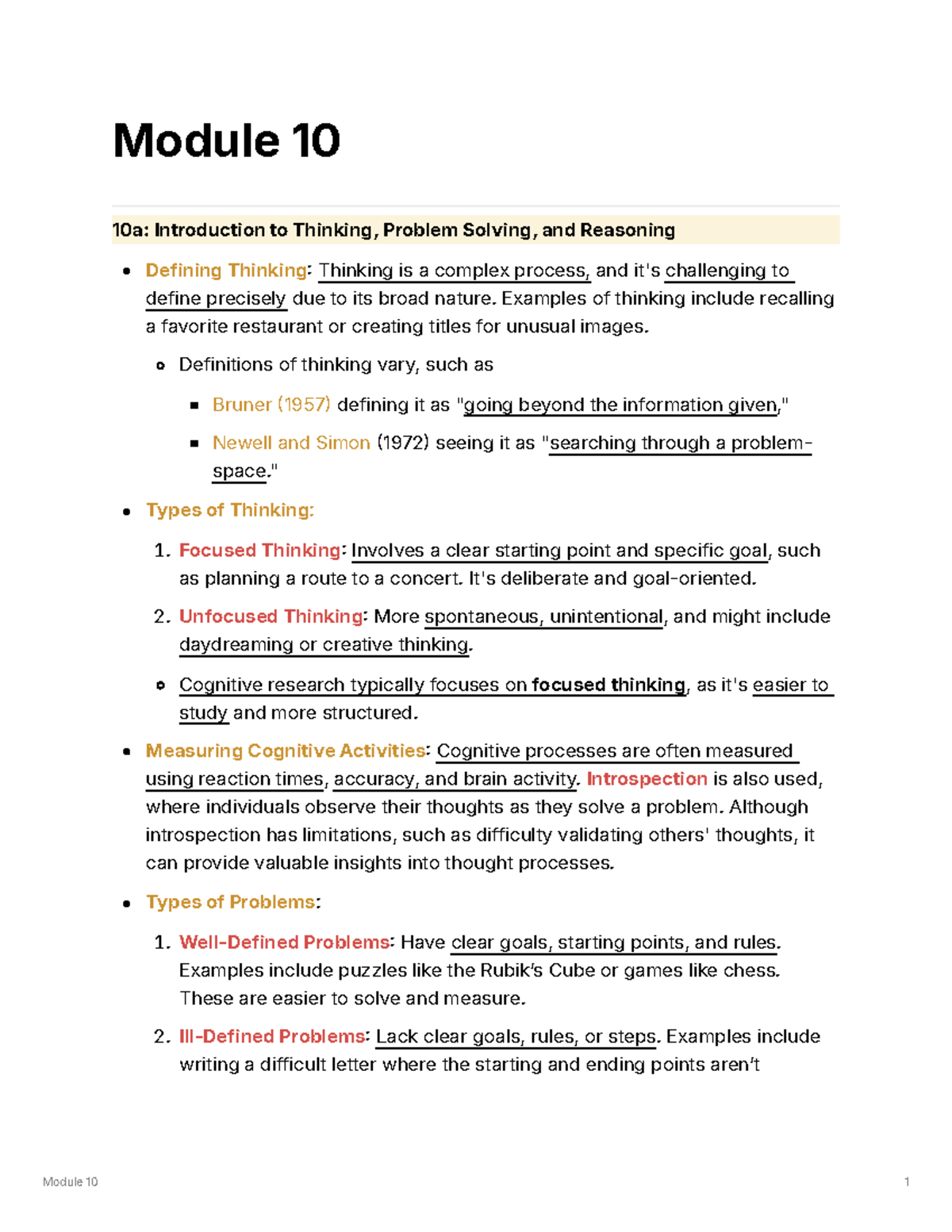Mod 10 - summary - Module 10 10a: Introduction to Thinking, Problem ...