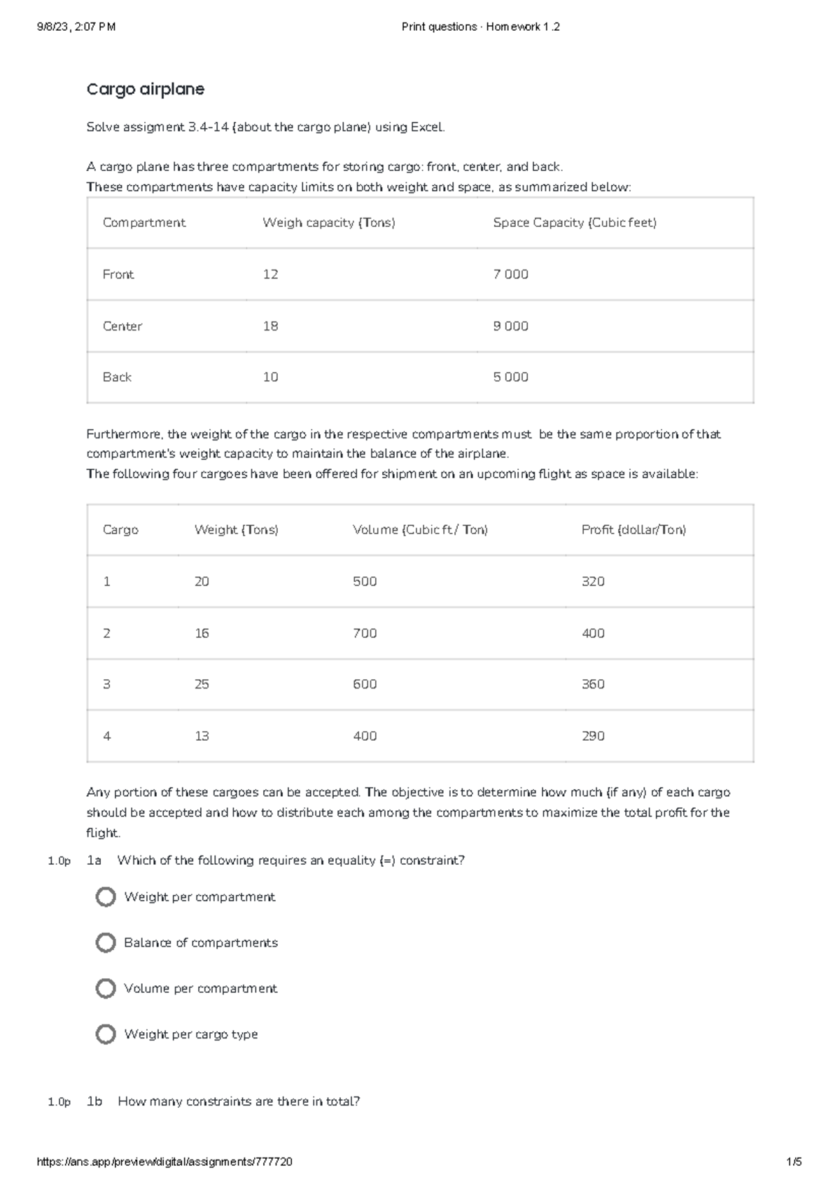 Weekly Homework 1.2: Cargo Plane Assignment 3.4-14 Analysis - Studeersnel