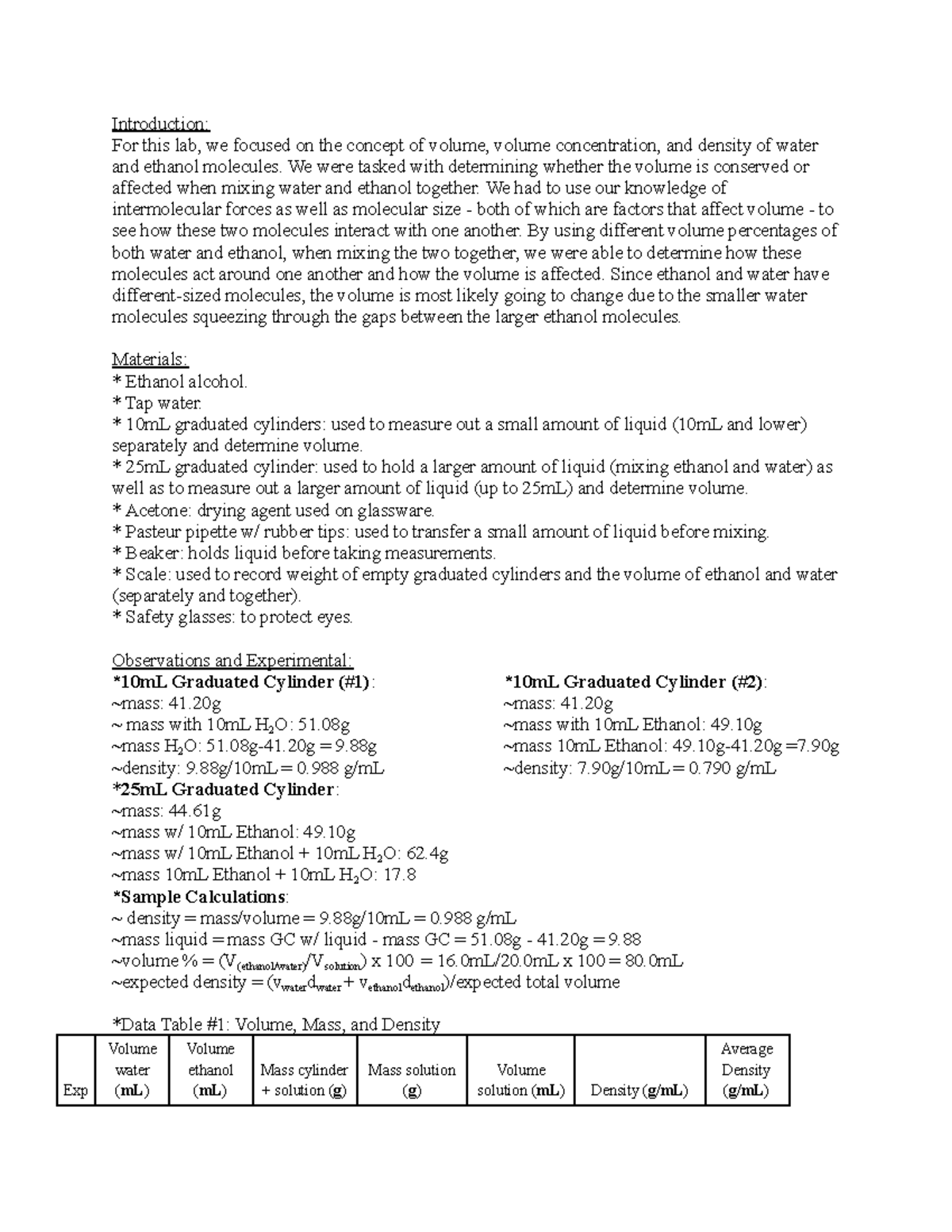 Lab 2 Report: Investigating Volume Conservation in Water and Ethanol ...