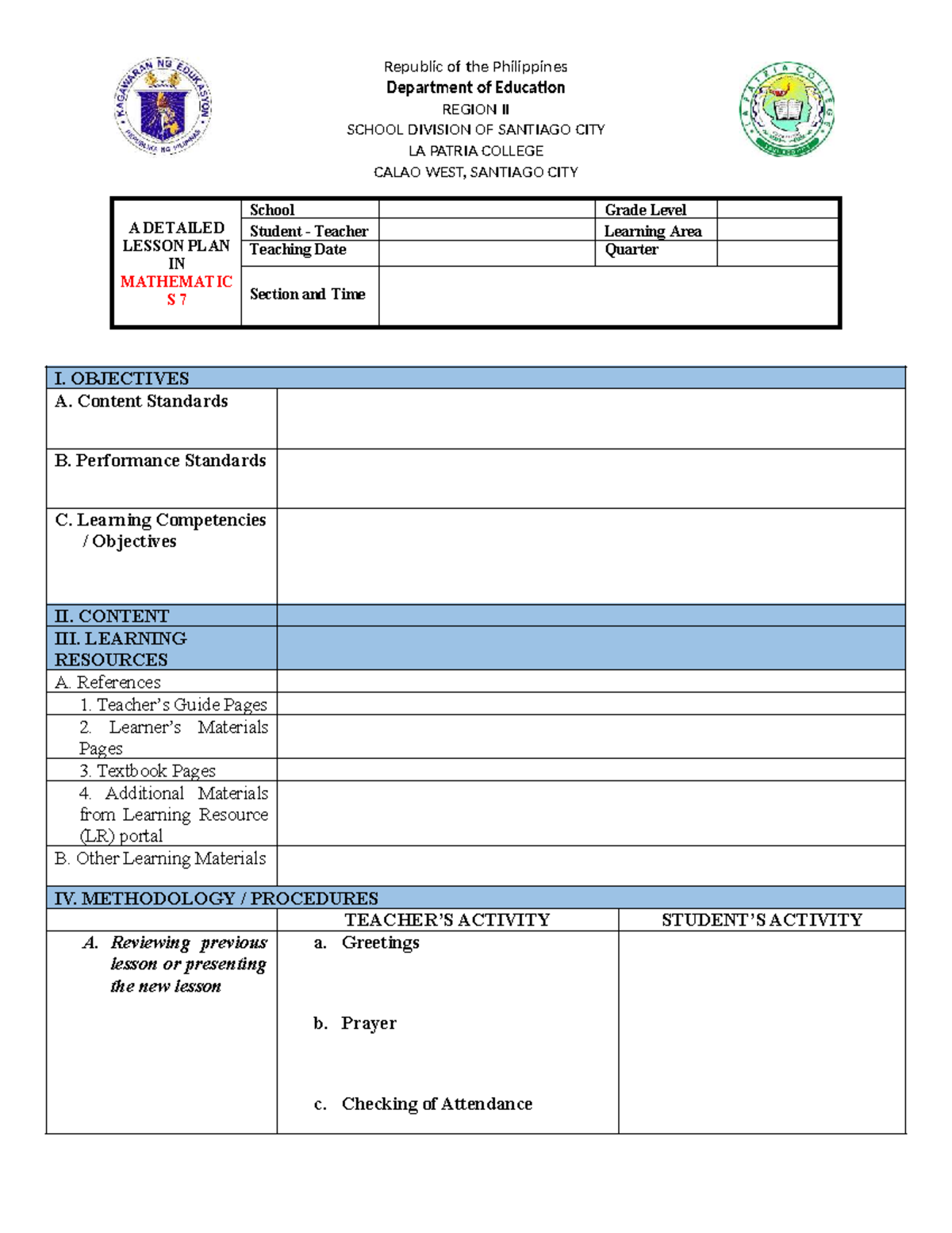 DLP in Mathematics S7: Detailed Lesson Plan Format - Studocu