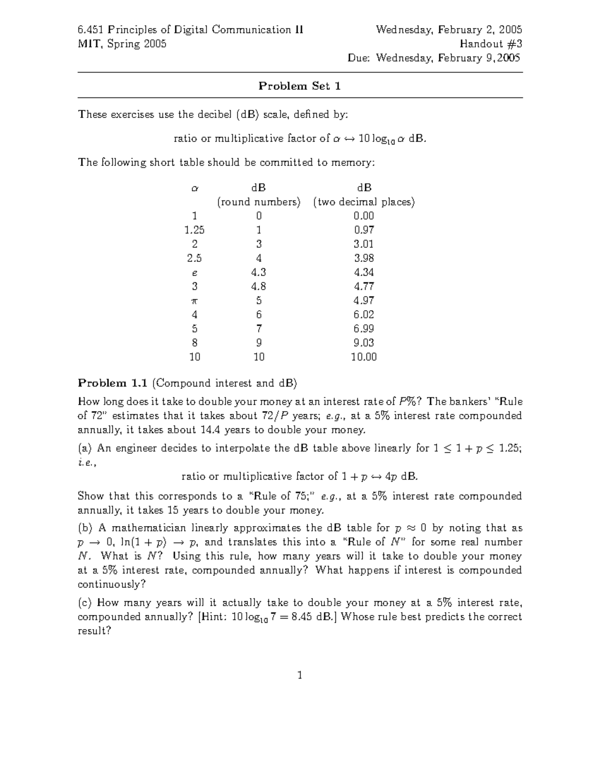 Problem Set 1: Principles of Digital Communication II (MIT 6.450) - Studocu