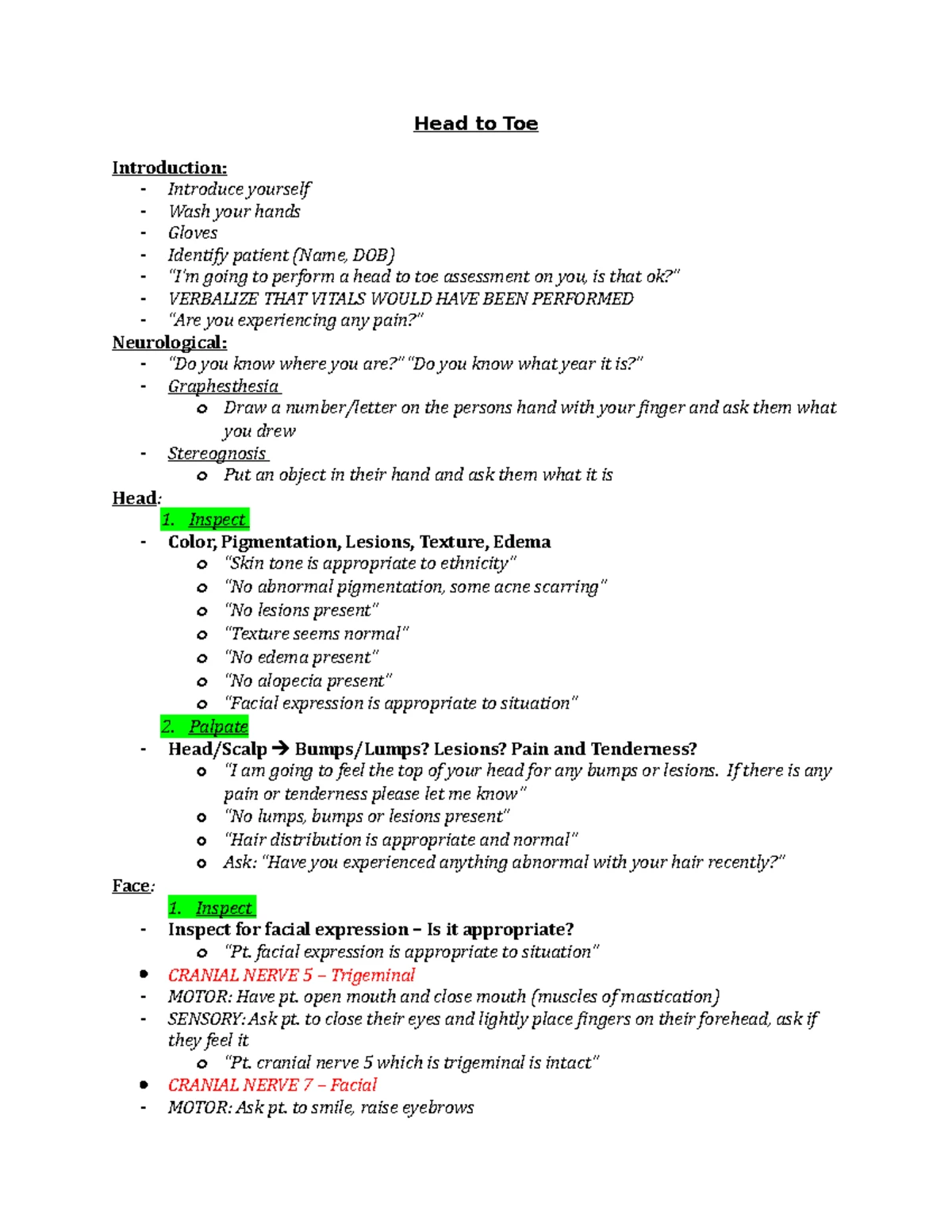 Head to Toe - Head to toe practicum script - Head to Toe Introduction ...