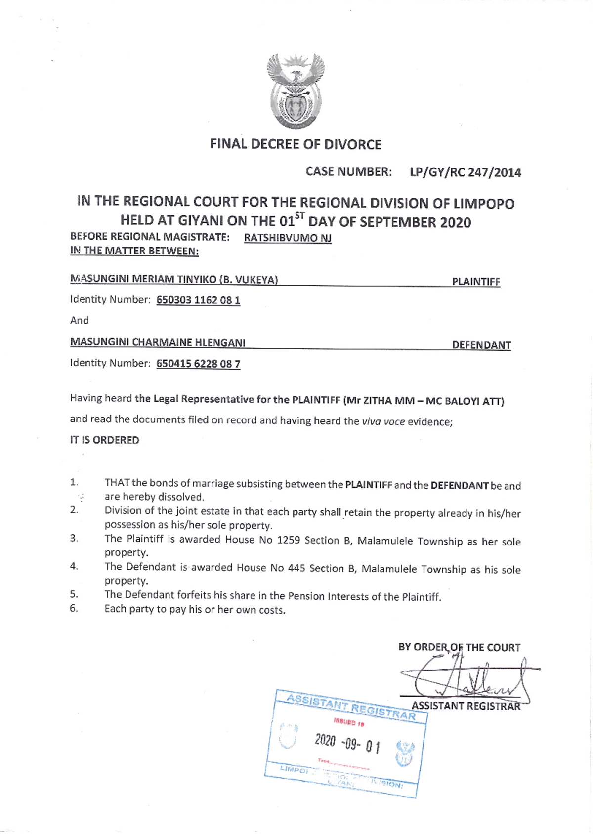 FINAL DECREE OF DIVORCE - CASE NO: LIMPOPO REGIONAL COURT - Studocu
