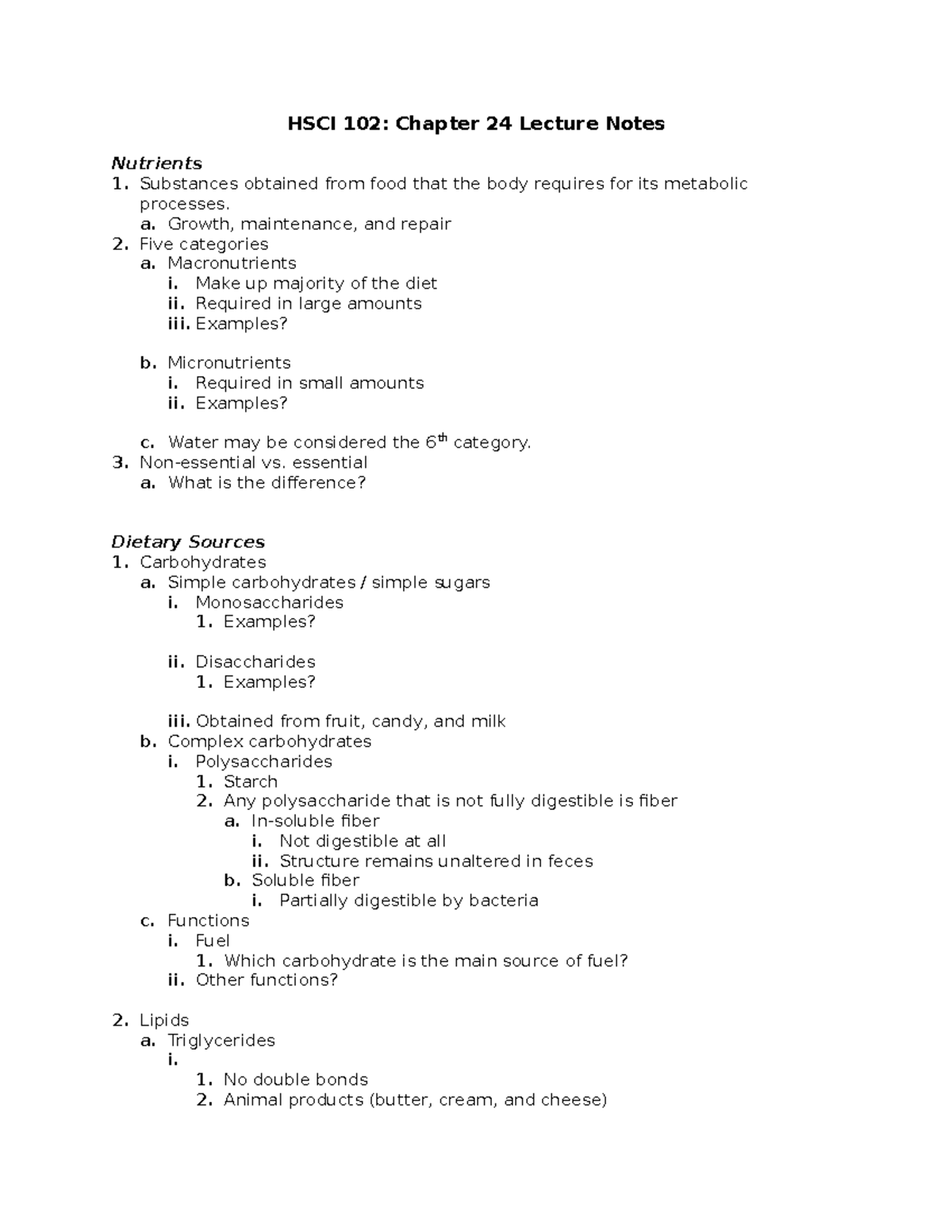 HSCI 102: Chapter 24 Lecture Notes on Nutrients and Metabolism - Studocu